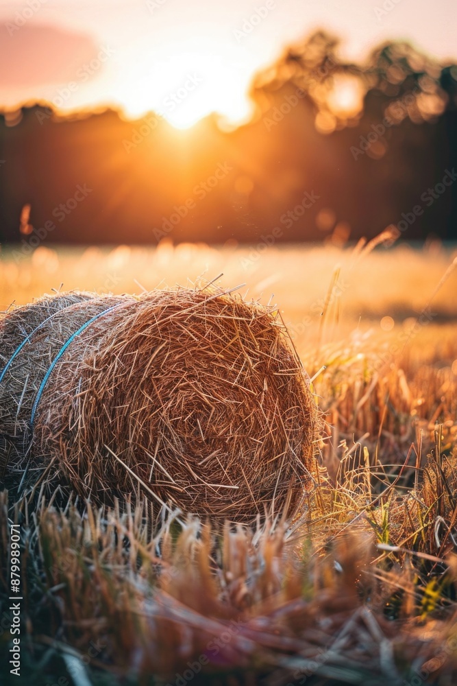 Poster Hay bale sits in field with sun shining on it