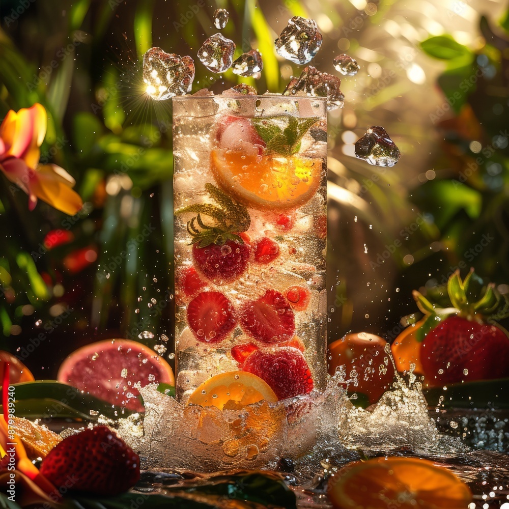 Poster refreshing citrus and berry sparkling water splash. vibrant splash of sparkling water with floating 