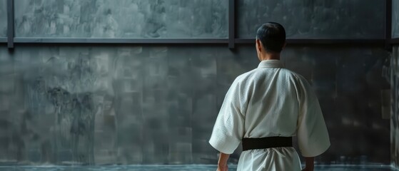 A Martial Artist in a White Gi Stands Before a Grey Wall in a Studio
