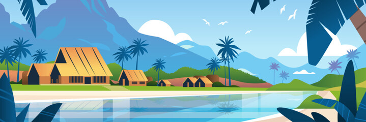Fototapeta premium Tropical beach village huts palm trees mountains serene lagoon clouds birds landscape banner