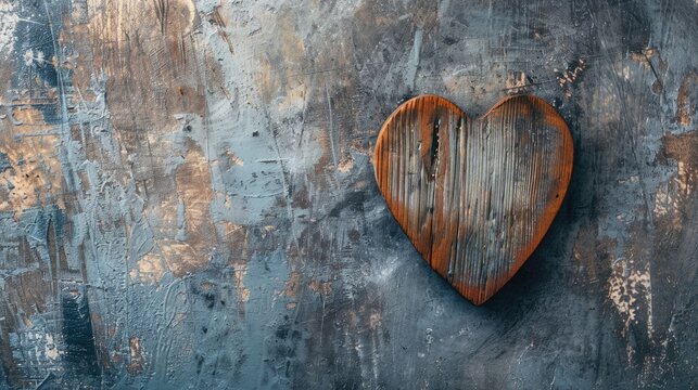 Wooden heart on rustic backdrop symbolizing love and Valentine s Day with room for text on a card