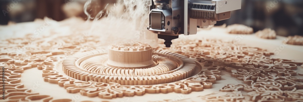 Poster precision cnc router carving detailed design on wood with intricate lines and textures