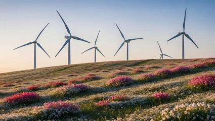 wind farm with multiple wind turbines at sunset, casting long shadows on the fields