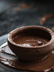 Bowl of chocolate is sitting on plate