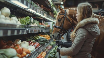 Woman with horse selecting vegetables in a grocery store. Grocery shopping with horse concept. Banner with copy space