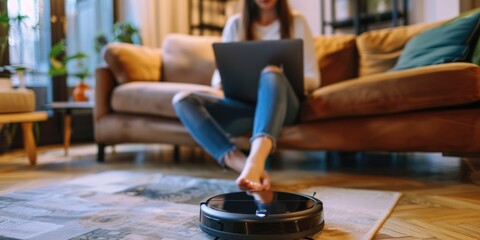 Fototapeta premium Woman is sitting on couch with laptop in front of her