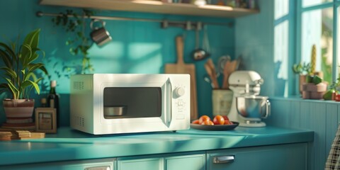 White microwave sits on counter in kitchen with blue wall