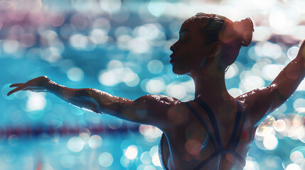 Swimmer female player making pose before starting swimming in professional swimming league.