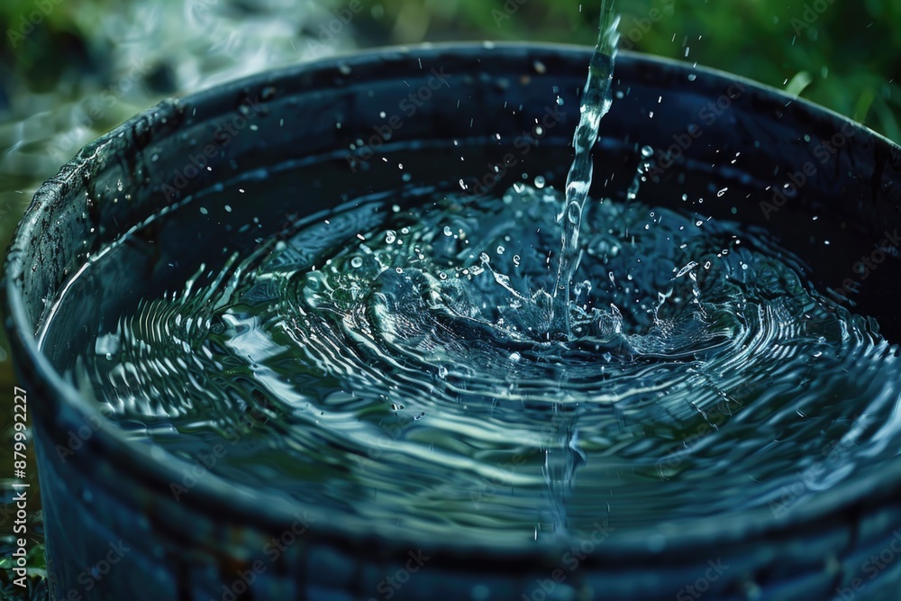 Wall mural bucket of water is pouring out of hole in ground