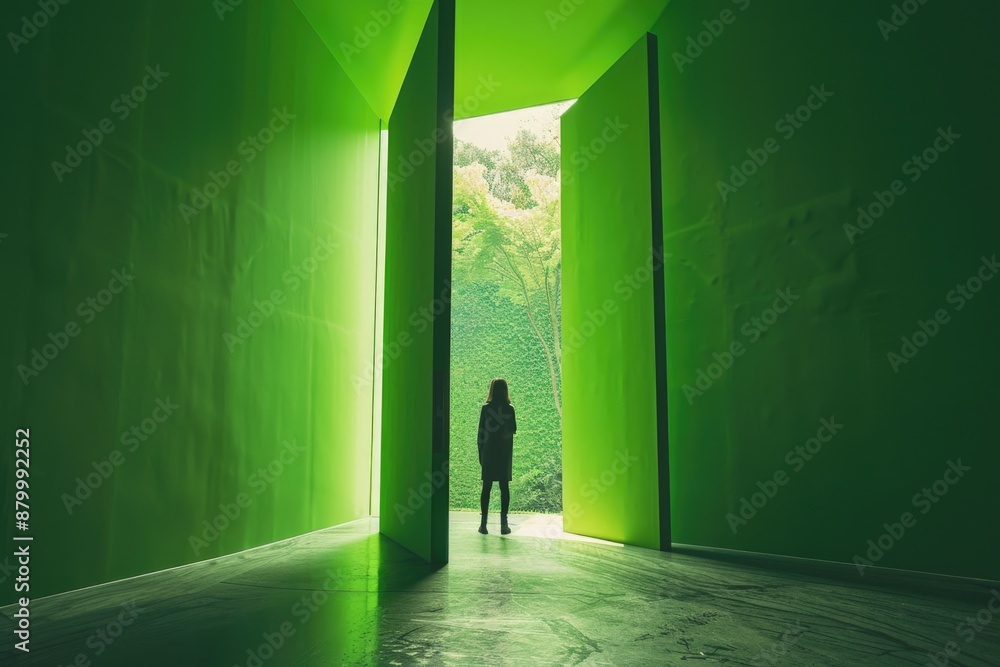 Wall mural person stands in green room with doorway in middle