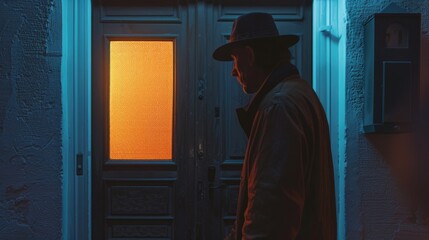 Man in hat stands in front of door with window