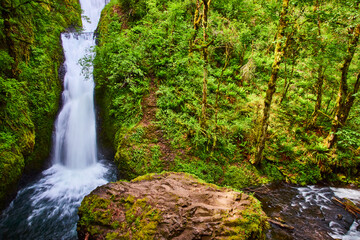 Bridal Veil Falls in Lush Gorge with Aerial Downward View