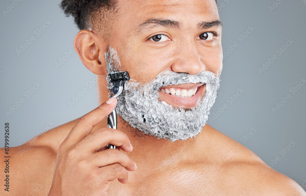 Sticker Man, portrait and shaving cream or blade in studio, foam and grooming routine on gray background. Male person, smile and cosmetics for hair removal, beauty and razor for facial treatment or hygiene