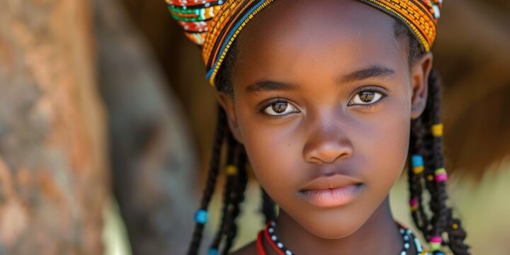 Young girl with long braided hair and colorful head scarf