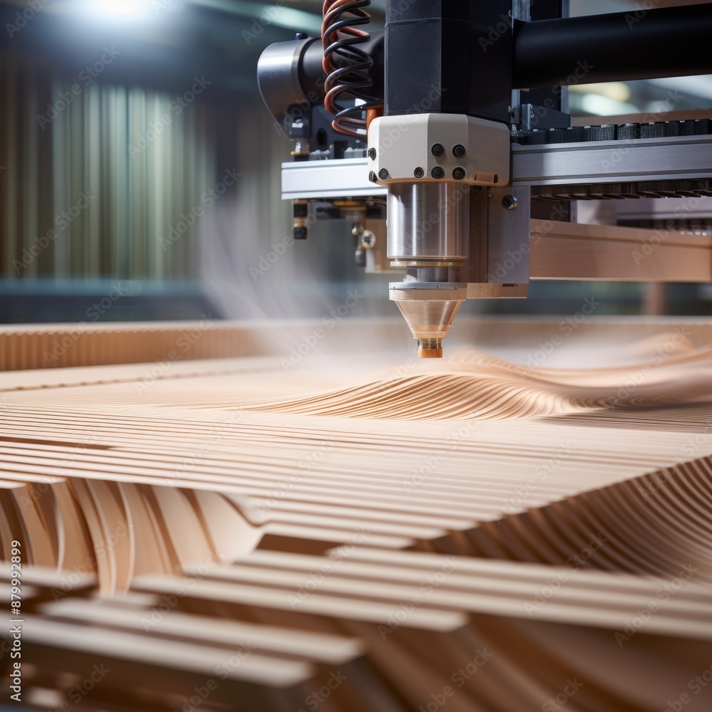 Poster cnc machine crafting textured wood surface for enhanced tactile and visual aesthetics