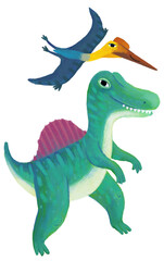 cartoon happy and funny colorful prehistoric dinosaur dino spinosaurus and quetzalcoatlus pterodactyl bird flying isolated illustration for children