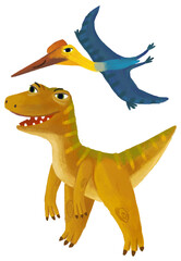 cartoon happy and funny colorful prehistoric dinosaur dino velociraptor and quetzalcoatlus pterodactyl bird flying isolated illustration for children