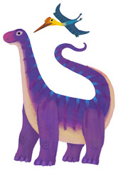 cartoon happy and funny colorful prehistoric dinosaur dino argentinosaurus and quetzalcoatlus pterodactyl bird flying isolated illustration for children © honeyflavour