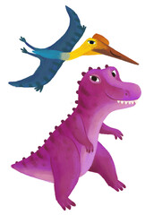 cartoon happy and funny colorful prehistoric dinosaur dino tyrannosaurus and quetzalcoatlus pterodactyl bird flying isolated illustration for children © honeyflavour