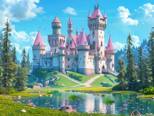 Obraz premium Castle with pink roof and pink tower