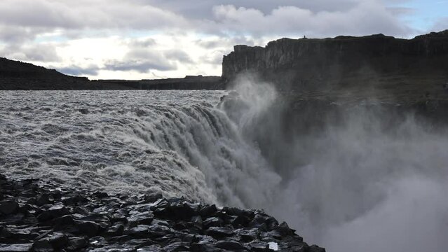 Slow motion footage of the powerful waterfall, Detifoss, in Iceland. 