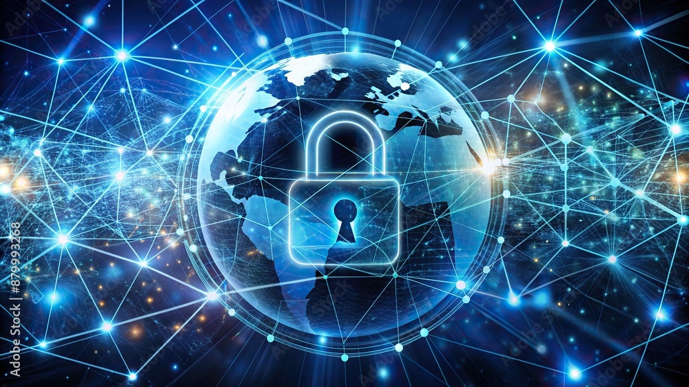 Poster virtual interface depicting global network security technology with padlock icon, encryption, and ab