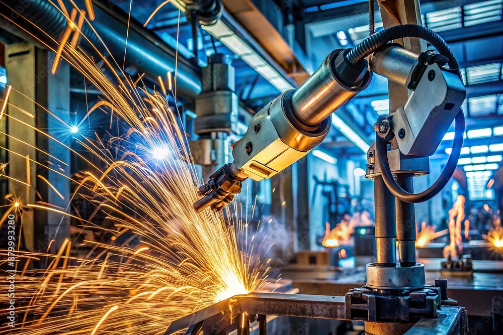 Poster a high-tech welding robot arm moves with precision and speed, sparks flying as it assembles a metal 