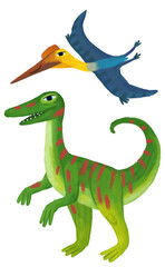 cartoon happy and funny colorful prehistoric dinosaur dino gallimimus and quetzalcoatlus pterodactyl bird flyingisolated illustration for children © honeyflavour