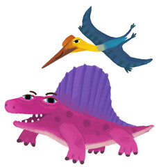 cartoon happy and funny colorful prehistoric dinosaur dino dimetrodon and quetzalcoatlus pterodactyl bird flying isolated illustration for children © honeyflavour