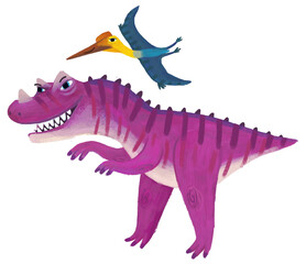 cartoon happy and funny colorful prehistoric dinosaur dino and quetzalcoatlus pterodactyl bird flying ceratosaurus isolated illustration for children © honeyflavour