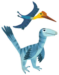 cartoon happy and funny colorful prehistoric dinosaur dino and quetzalcoatlus pterodactyl bird flying deinonychus isolated illustration for children