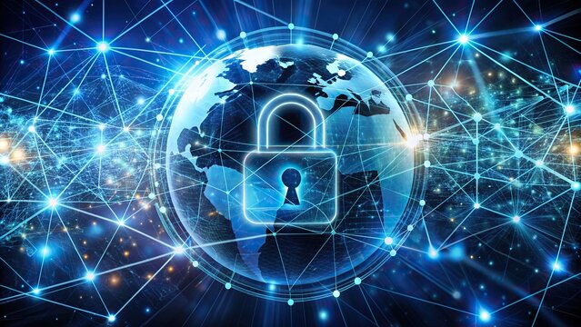 Virtual interface depicting global network security technology with padlock icon, encryption, and abstract connections, protecting personal information from cyber threats.