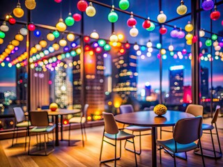 Vibrant blur of colorful lights and decorations in modern office space during evening celebration, empty chairs and tables surrounded by city skyline view.