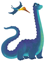 cartoon happy and funny colorful prehistoric dinosaur dino brachiosaurusand quetzalcoatlus pterodactyl bird flying isolated illustration for children © honeyflavour