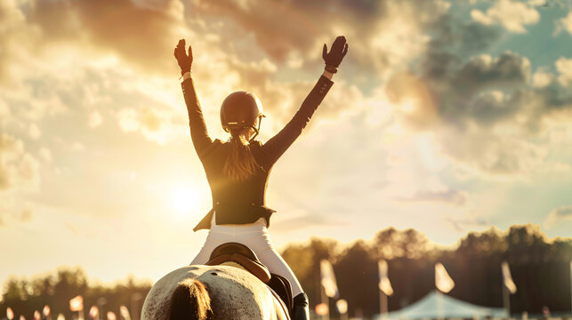 Horsewoman in Equestrian championship hands in the air gesture of victory. Professional Equestrian player won the match. Equestrian player triumphant pose. Banner, poster