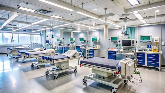 Empty hospital emergency room with medical equipment and supplies, beds and monitors, conveying a sense of urgency and readiness for healthcare professionals to provide care.