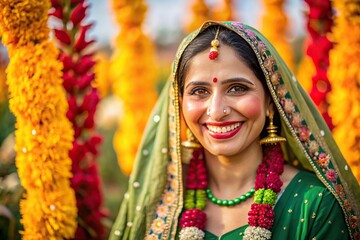 makar sankranti, diwali, lohri  indian traditional festival background, happy smiling indian woman in punjab traditional dress