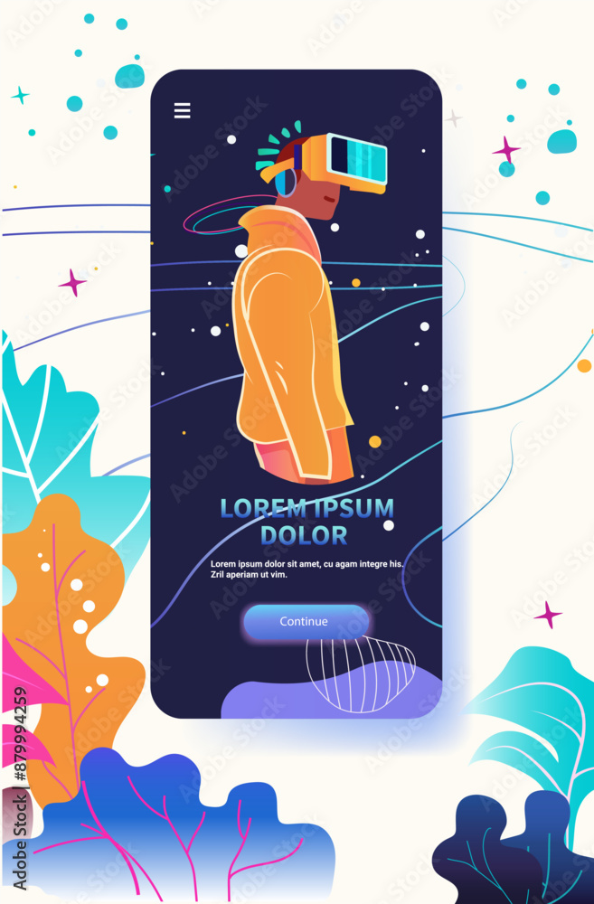 Poster virtual reality user futuristic technology concept. person wearing vr headset in a colorful abstract