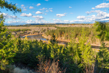 Autumn view from the Fort George Wright Cemetery overlooking the Spokane River and Downriver Park with the Northwest Bluffs in view, Spokane Washington State, USA