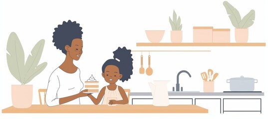 Fototapeta premium Mother and daughter savoring cake in cozy kitchen, sharing a warm moment together