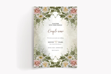 WEDDING INVITATION FRAME WITH FLOWER DECORATIONS AND FRESH LEAVES 