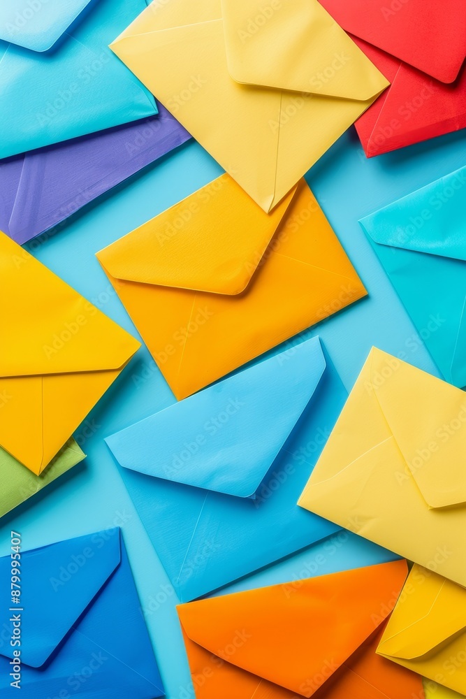 Aufkleber assorted levitating colorful paper envelopes on gradient background with clean design aesthetic