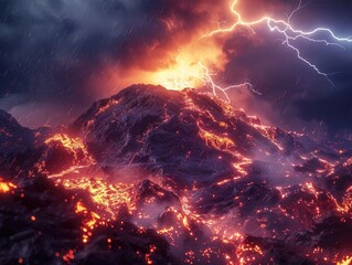 Fototapeta premium Volcano erupts with lava and fire, creating fiery and dangerous scene