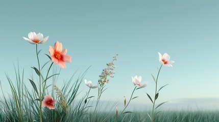 A tranquil scene of a meadow filled with wildflowers and tall grasses under the gentle glow of the morning sun celebrating nature's bounty Illustration, Image, , Minimalism,