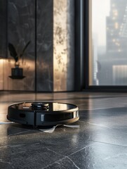 Obraz premium Black robot vacuum cleaner is on floor in room