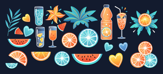 Fruit drinks watermelon citrus slices tropical leaves hearts dark background