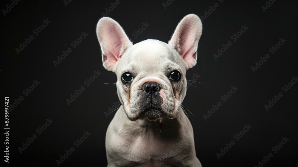 Wall mural Hungry white French bulldog isolated on black background