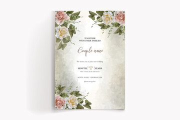 WEDDING INVITATION FRAME WITH FLOWER DECORATIONS AND FRESH LEAVES 