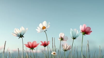 A tranquil meadow filled with wildflowers and tall grasses under the soft glow of the evening sun capturing nature's peacefulness Illustration, Image, , Minimalism,