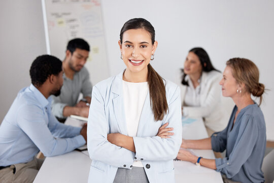 Portrait, arms crossed or happy businesswoman in meeting for planning project, teamwork or collaboration. Shareholders, investor or program coordinator in discussion for feedback, review or about us